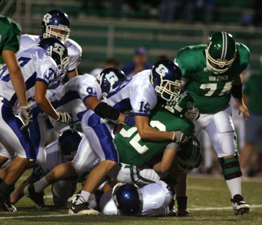 Bryant's defense, including Stanley Oxner (19), Ryan Cox (91) and Trey Sowell (37) will be charged with slowing down North Little Rock's Tim Johnson this week. (Photo by Rick Nation)