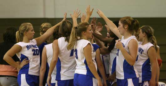 The Bryant Lady Hornets break after a timeout. (Photo by Rick Nation)