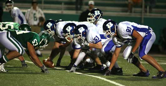 From left, Justin Rauch, Landon Pickett, Kaleb Burns and Tyson Abernathy (81) anchor the left side of Bryant's offensive line. (Photo by Rick Nation)