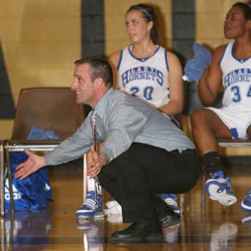 Lady Hornets head coach Blake Condley pleads his case on a call that didn't go his team's way during Friday's championship game of the Joe T. Robinson Invitational Tournament. (Photo by Rick Nation)