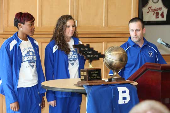 Representing the Bryant Lady Hornets at the Salt Bowl Shootout press conference Wednesday were, from left, Alana Morris, Kenzee Calley and head coach Blake Condley (Photo by Daniel Sample)
