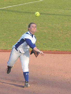 Christen Kirchner fires a throw to first during Thursday's action in the Lady Warrior Southern Invitational softball tournament in Murfreesboro, Tenn. (Photo by Mark Hart)