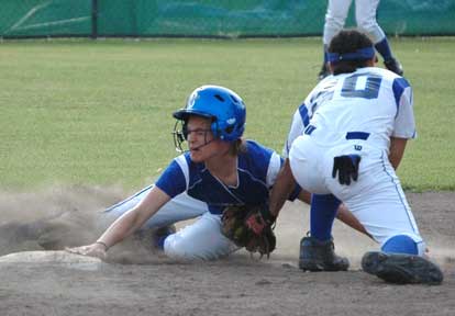 Bryant's Kelsie Works tries to slide around the tag at second. (Photo by Mark Hart)