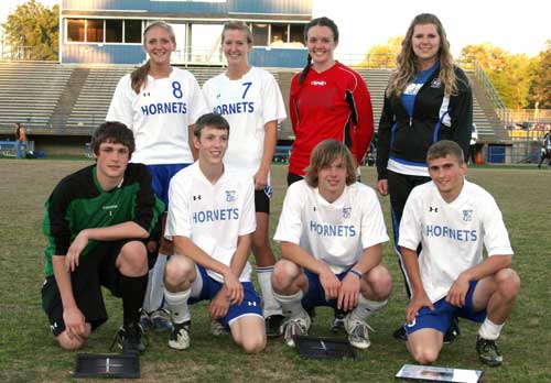 The Bryant High School senior soccer players, front from left, Michael Stout, Seth Howerton, Tim Ezel and Aaron Prewitt; back row, Sarah Manning, Amber Moskow, Megan Childress and manager Jordan Hefner. (Photo by Misty Platt)