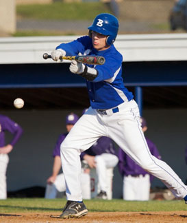 Tyler Sawyer went 2-for-2 including this bunt single in the Bryant Hornets' 14-3 win over Catholic on Tuesday. (Photo by Daniel Sample)