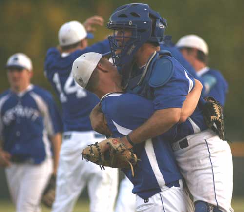 The Bryant Hornets celebrate the 11-5 win at North Little Rock that clinched the 7A-Central Conference championship Thursday night. (Photo by Rick Nation)