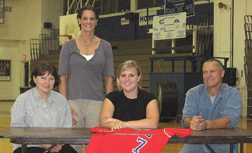 Christen Kirchner signs with Domincan College flanked by her parents Wanda and Chris and Bryant head coach Lisa Stanfield.