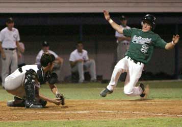 Bryant catcher B.J. Ellis takes in a throw from first baseman Brady Butler and turns to make a tag on Little Rock Continental Express' Lance Black in the top of the seventh of Tuesday's game.