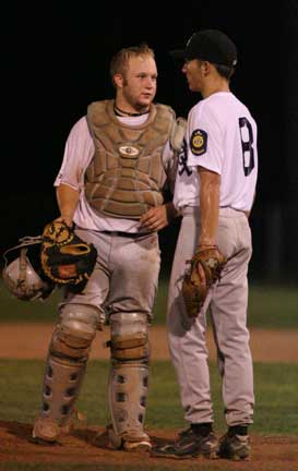 Black Sox catcher Dylan Pritchett and pitcher Blake Davidson meet on the mound. (Photo by Rick Nation)