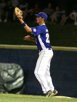 Tryce Schalchlin takes a throw at first. (Photo by Rick Nation)