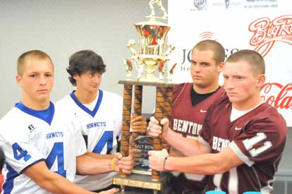 Bryant quarterback Jimi Easterling (14) is already keeping an eye on Benton defender Lee Richardson as the duo join teammates Logan Garland (4) and Drew McCurry (11) at the Salt Bowl press conference on Tuesday. (Photo by Kevin Nagle)