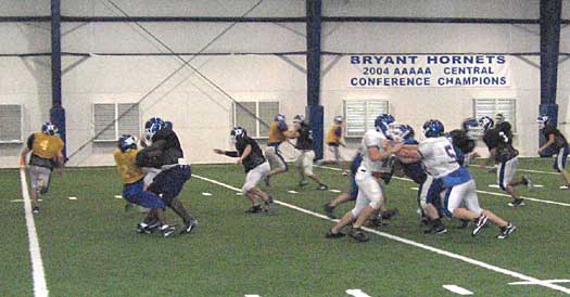 The first team defense was working in the indoor practice facility on Thursday.