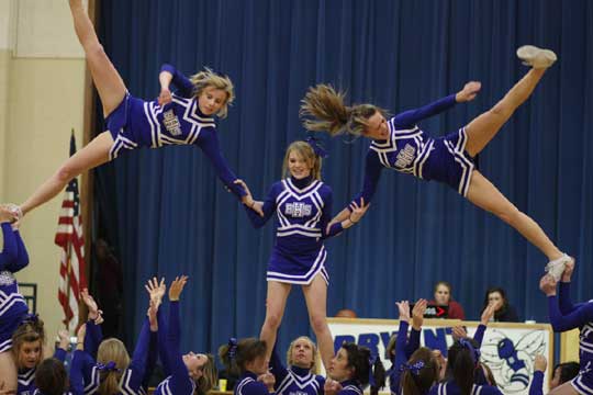 The Bryant freshman cheerleaders perform at halftime of Monday's Bryant-Benton game. (Photo by Rick Nation)