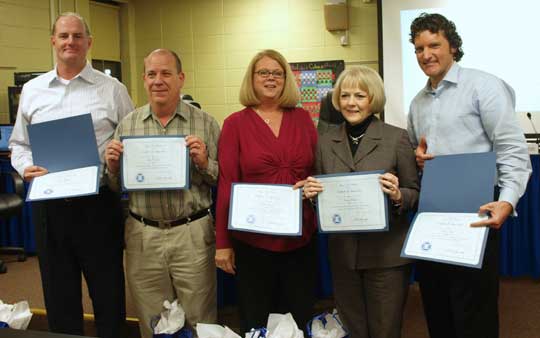 School board members, from left, David Moore, Joe Wishard, Rhonda Sanders, Sandra Porter, Scott Hart received recognition for their work as board members.  This was in honor of Arkansas School Board Member Recognition Week. (Photo by Lana Clifton)