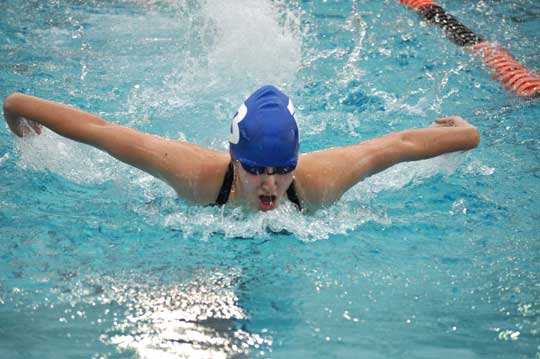 Freshman Whitney Meyer scored points for the Bryant Lady Hornets in the 100 butterfly at the 47th annual Hendrix High School Invitational Swim Meet on Saturday.