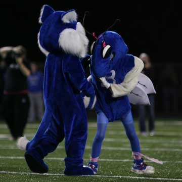 The Conway and Bryant mascots tangle before Friday's game. (Photo by Rick Nation)