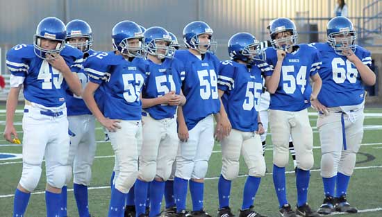 Bryant linemen from left, Ryan Hall (45), Jimbo Seale (52), Kyle Lovelace (51), Zach McConnell (59) Nic Jenkins (55) Brittan Crouch (54) and Caleb McElyea (66). (Photo by Kevin Nagle)
