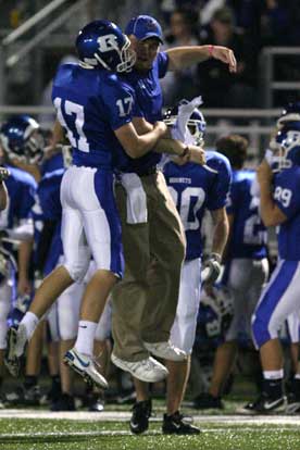 Jace Denker (17) celebrates with Matt Snyder after kicking a career-best 47-yard field goal. (Photo by Rick Nation)