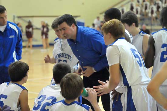 Bryant coach Steve Wilson emphasizes a point during a timeout. (Photo by Kevin Nagle)