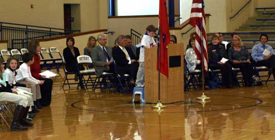 3rd grade student, Max Hanner welcomes students and visitors to the dedication.