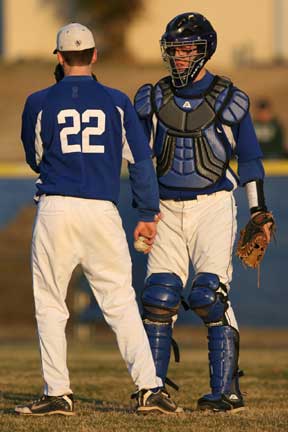 Bryant catcher B.J. Ellis visits with pitcher Caleb Milam during Friday's game against Lake Hamilton. (Photo by Rick Nation)