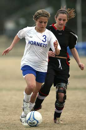 Sarenity Gomez (3), shown here in a match earlier this season, had one of Bryant's PK's in Thursday's shootout at North Little Rock. (Photo by Rick Nation)