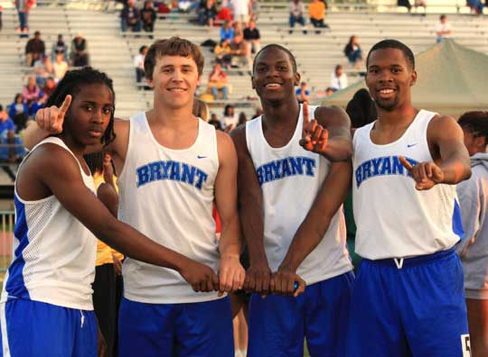 Bryant 4x100 meter relay team of Dillon Winfrey, Tanner Tolbert, Kendrick Farr and Sammill Watson won at the Lake Hamilton Invitational meet Friday. (Photo courtesy of Carla Thomas)