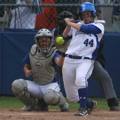 Peyton Jenkins pulls away from an inside pitch during Monday's game. (Photo by Rick Nation)