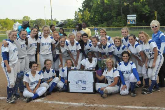 The Bryant Lady Hornets celebrated their conference championship and honored lone senior Shanika Johnson after their 4-1 win over North Little Rock on Monday. (Photo by Kevin Nagle)