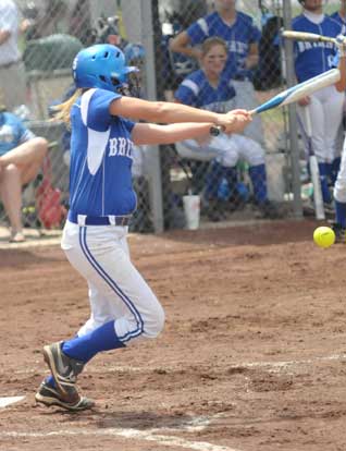 Jenna Bruick slaps at a pitch during Monday's game. (Photo by Kevin Nagel)