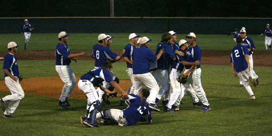 The Bryant Hornets celebrate their 1-0 victory over Little Rock Catholic Monday night as they clinch a spot in the State championship game. (Photo by Rick Nation)
