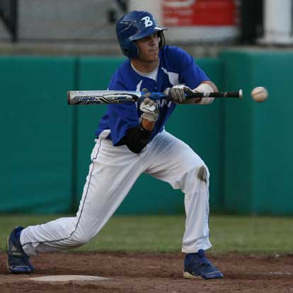 Bryant's Garrett Bock tries to get down a sacrifice bunt during Monday's game. (Photo by Rick Nation)