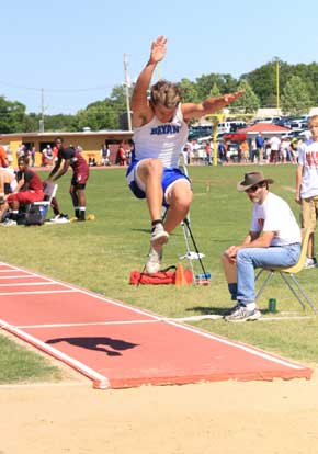Bryant's Tanner Tolbert surprised with a first-place effort in the long jump at Saturday's Meet of Champs. (Photo by Carla Thomas)