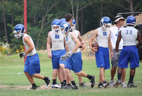 The Bryant offense deploys during one of Thursday's 7-on-7 match-ups at Joe T. Robinson. (Photo courtesy of Amy Gonzalez)