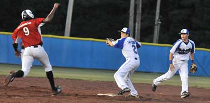Evan Castleberry (2) turns to fire to first past White Hall's Jeremy Sprinkle (9) after taking a toss from Hayden Daniel, right, for a Bryant doubleplay. (Photo courtesy of Ron Boyd)