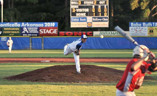 Tyler Nelson fires a pitch to White Hall's Christopher Bryan early in Saturday's game. (Photo courtesy of Ron Boyd)