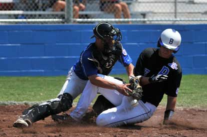 Bryant's Tryce Schalchlin slides safely under the tag of North Syracuse catcher Gabe Levanti. (Photo courtesy of Ron Boyd)