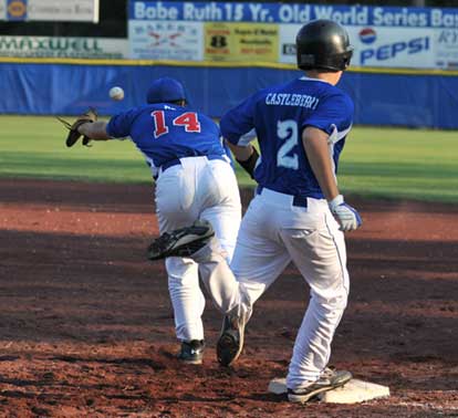 Evan Castleberry beats out an infield single. (Photo by Ron Boyd)