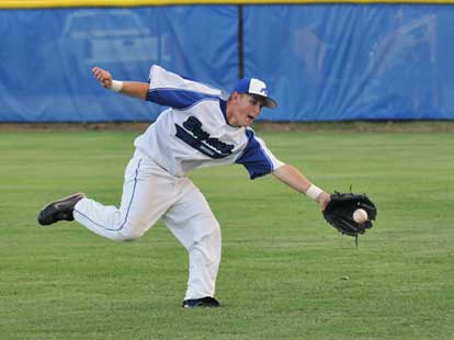 Cameron Price cuts off Clay Cannon's hit to right to keep it to a single. (Photo courtesy of Ron Boyd)