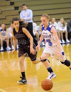 Nikki Clay (3) works the ball up the floor. (Photo by Kevin Nagle)