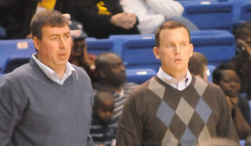 Bryant assistant coach Steve Wilson, left, and head coach Mike Abrahamson watch the action. (Photo by Kevin Nagle)