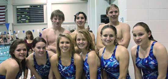 Bryant High Dive team includes, front from left, Jordan Tarvin, Kaitlin Howey, Morganne Gillespie, Tiffany Robinson, Alise Heavrin, Courtney Bulthuis; back from left, Lucas Reitenger, Justin Combs, Scott Mead. (Photo by DeDe Gillespie)