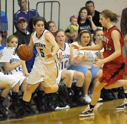 Bryant's London Abernathy tries to get around Cabot's Melissa Wolff. (Photo by Kevin Nagle)