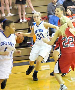 Abbi Stearns looks to drive against Russellville's Susan Taylor (22) who had been covering Bryant's Kiara Moore (1). (Photo by Kevin Nagle)