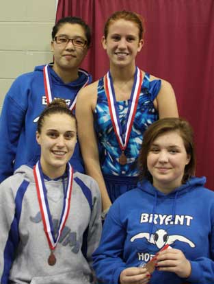 The Bryant Lady Hornets' 200 yard freestyle relay team of front from left, Emily Dabbs, Jordan Martin; back, Jinson Kang and Erin Moser.