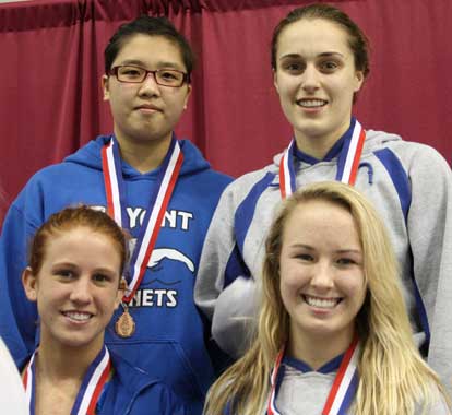 Medal winners in the 200 medley relay were, front from left, Erin Moser, Amanda Butler; back, Jinson Kang and Emily Dabbs.