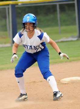 Kayla Sory holds up at second after blasting a drive off the fence in the sixth inning. (Photo by Kevin Nagle)