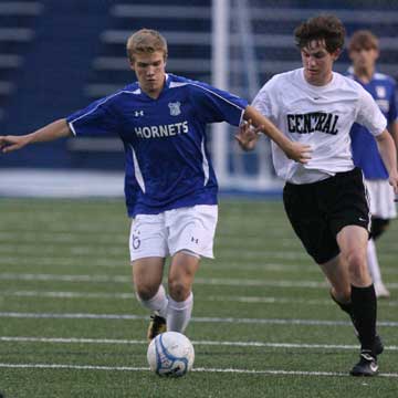 Reed Evans, left, controls the ball. (Photo by Rick Nation)