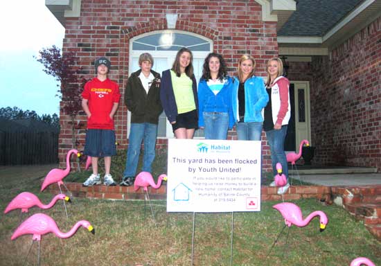 Youth United members Trent Williams; Spencer Smith; Haven Betts;  Sarah Smith; Carlie Taylor and Madalyn Toler "flamingoed" a Bryant residence.