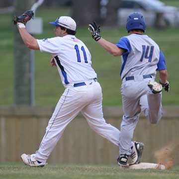 Landon Pickett takes a throw at first ahead of the arrival of North Little Rock's Zach Ketchum. (Photo by Rick Nation)